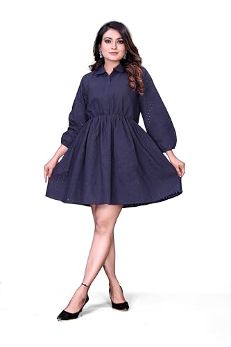 Image of Women's Cotton Self Design Chicken Work Midi Dress for Women | One Piece Dress for Women