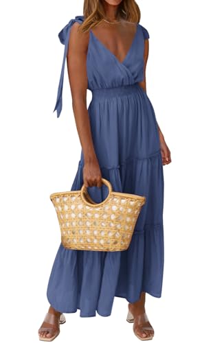 Image of PRETTYGARDEN Women's Cross Neck Summer Sleeveless Tiered Maxi Dress Beach Tie Strap Smocked Long Dresses Pleated Sundress