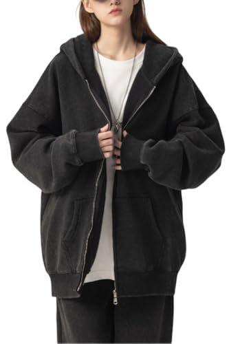 Womens and Mens Zip Up Oversized Hoodies Vintage Unisex Acid Wash Hoodie Y2K Jacket with Pockets for Streetwear
