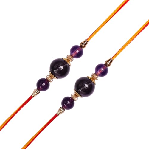 Image of Shubhanjali Crystal Beads Rakhi for Brother | Handmade Healing Crystal Stone Designer Rakhi for Bhaiya | Raksha Bandhan Gift Set with Roli Chawal, Kumkum, Greeting Card & Potli