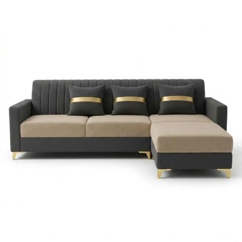 Image of CASASTYLE Signature Groovy 4-Seater L-Shape Sofa Set with Movable Ottoman | Flexible LHS /RHS Layout | Boston Fabric & Plush Cushions | 40D Foam + Zigzag Spring | 3-Yr Warranty (Dark Grey -Beige)