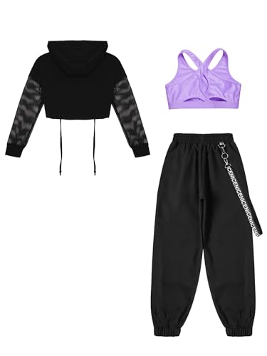 Hansber Girls 3 Piece Jazz Hip Hop Dance Outfits Hooded Crop Top with Leggings Active Set for Gymnastics Yoga Dancing4