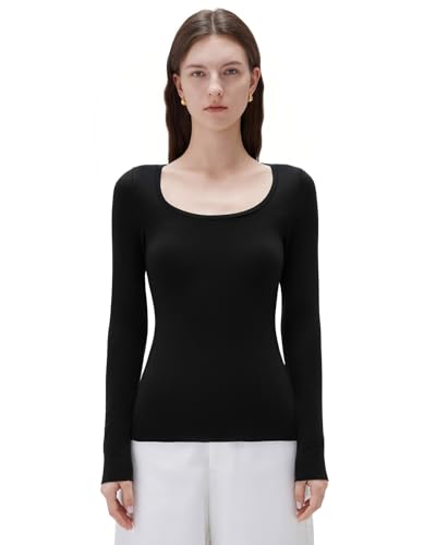 SUUKSESS Cloud Cashmere Women Scoop Neck Fitted Long Sleeve Shirt Basic Knit Tops