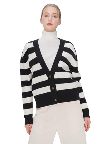 Image of Womens Striped Cardigan Sweaters Long Sleeve V Neck Open Front Button Down Sweater Ribbed Knit Button Up Cardigans Outwear