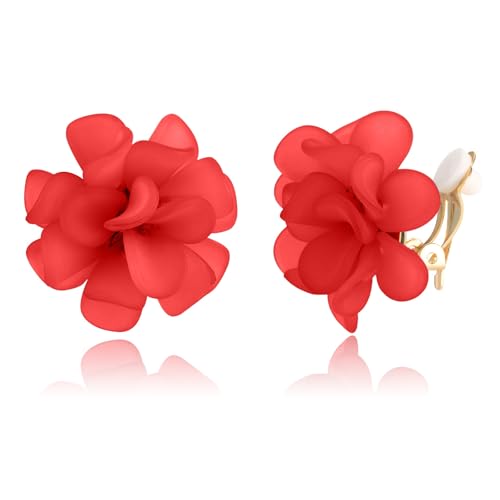 LAXPICOL Fashion Flower Clip On Earrings For Women Cute Lovely Acrylic Red Flower Earrings No piercing Earrings