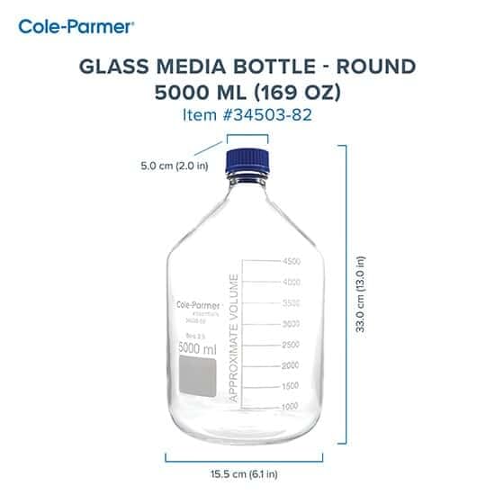 Cole-Parmer Glass Media Bottle, Class A, Round, 5000 mL (169 oz)