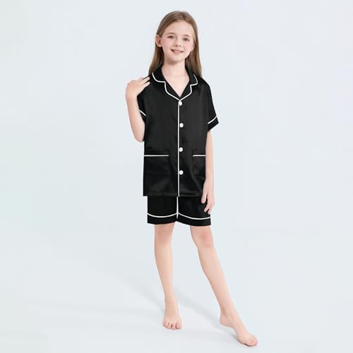 Weixinbuy Girls Pajamas Satin Pajama Set for Girls 2Pcs Silky Pjs Sleepwear Short Sleeve Button Down PJ Set Gifts for Kids2