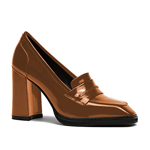 Image of FOWT Dressy High Block Heels Loafers for Women Classical Square Toe Pumps Comfortable Slip On Walking Shoes School Uniform Goth Oxfords US Size 4-16 M
