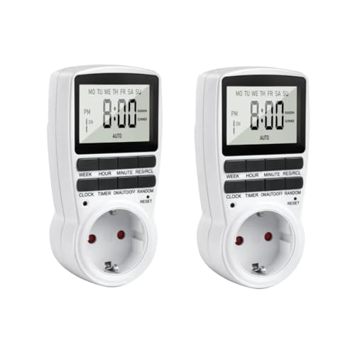 2 Stück Zeitschaltuhr Steckdose, 24Std-Wochen Zeitschaltuhr Digital, LCD Stecker Timer Steckdose Schaltuhr mit 16 Timer-Programme, Countdown Zeitschalter Wochenzeitschaltuhr mit Einbruchschutz