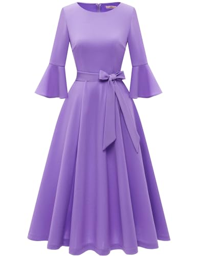 Image of HomRain Women's Church Dresses Modest Bell Sleeve Wedding Guest Cocktail Tea Party Vintage Evening Dress