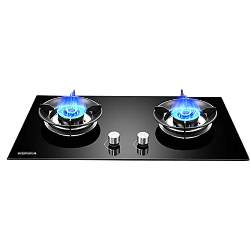 72Cm Built-In Gas Cooktop 2 Burners,Black Tempered Glassgas Hob Cooker Gas Stove,Cooker,5.2Kw Large Firepower (Black NG) (Black 