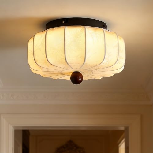 meibeileil Lanterne luminaire Plafonnier Ronde Wabi-Sabi,Blanche Abat-jour en Tissu Φ30cm,Plafonnier Lampe de Salon Imprimée Boho Beige,Lumière Plafonnier...