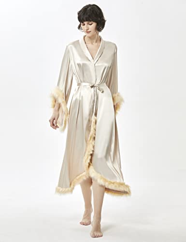 PRODESIGN-Satin-Robe-for-Women--Fluffy-Fur-Seam-Long-Bath-Robe-with-Collar-Bridesmaid-Loungewear-Nightgown