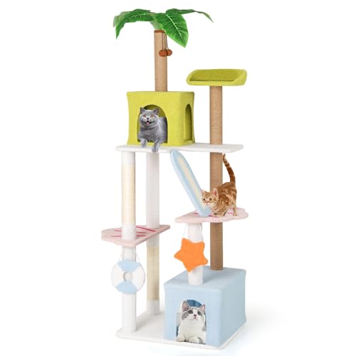 Tangkula 71 Inch Tall Cat Tree, Multi-Level Aesthetic Beach-Themed Cat Tower with Sisal & Jute Scratching Posts, 2 Cat Condos, Perch, Artificial Plant, Hanging Toys, Indoor Cat Activity Center