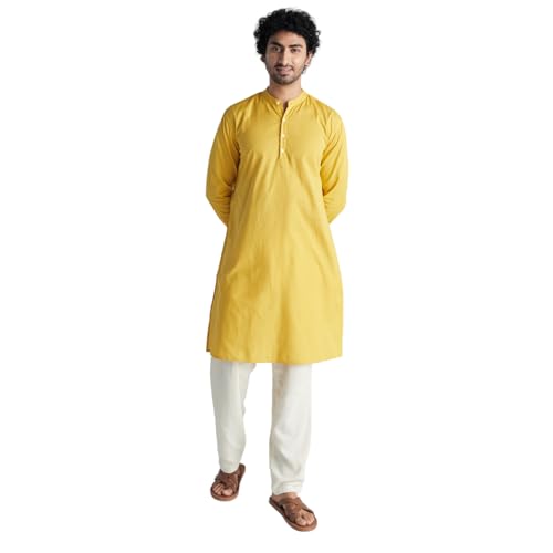 Image of SAADAA Men's Long Kurta - Linen Cotton Blend, Airy Fabric, Regular Fit, Mandarin Collar, Solid Color - Casual, Festive & Ethnic Wear