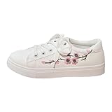 Baskets Blanches Femme Cuir, Petites Fleurs Brodées, Tennis Basket Running Femme Plate à Lacets, Bout Rond, Coupe Basse, Semelle Souple | Chaussures de Sport, Casual, Quotidien, Ville, Style Mode