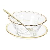 SAFIGLE Bol Grande de Vidrio con Borde Dorado para Servir Ensaladas Postres y Aperitivos Cuencos Profundos Elegantes para Frutas y Snacks Incluye Bol Plato y Cuchara Dorada para Uso