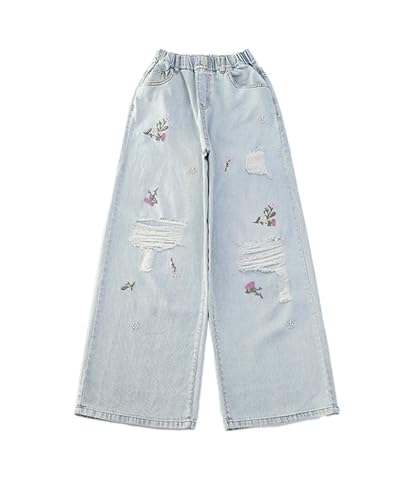 SANGTREE Kids Girls Wide-Leg Jeans Embroidered Ripped Denim Pants, 4-14 Years