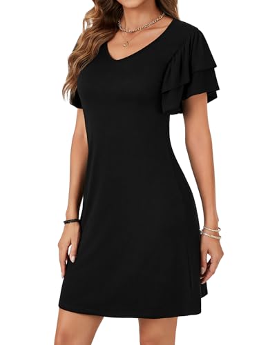 Vrtige Women's Casual Ruffle Sleeve Mini Dress V Neck Short Sleeve Summer Short Dress3