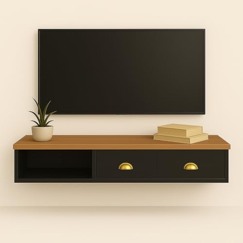 Rack Para Tv Suspenso Compacto com 2 Gavetas e Nicho - Cores (NATURE/PRETO)