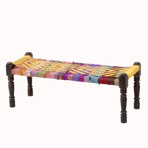 Image of Wooden Bench for Seating | Handcrafted Sheesham Wood Bench for Living Room, Balcony & Garden | Traditional Patio for Outdoor with Chindi Handwoven Rope | Yellow and Multicolor