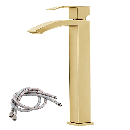 Comllen Brushed Gold Tall Bathroom Faucet Vessel Sink Faucet, Waterfall Single Handle Modern Bathroom Faucet, One Hole Bathroom Vessel Sink Faucet Vanity Bathroom Faucet With Water Supply Hose #TOP15