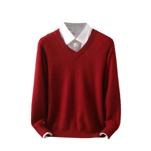 Men's Sweater V-Neck Pullover Cashmere Knitted Sweater Solid Long-Sleeved Jumpers Top Rust red Color XXL