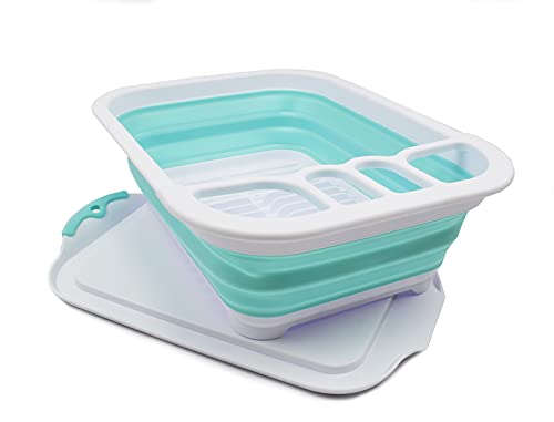 SAMMART Collapsible Plastic Dish Drainer with Drainer Board - Foldable Drying Rack Set - Portable Dinnerware Organizer - Space Saving Kitchen Storage Tray (1, White/Lake Green)