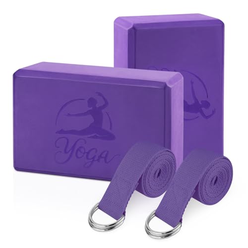 RETON Yoga Blocks Set, High - Density Yoga Block with 2 Strap, Lightweight EVA Foam Brick Yoga Pilates Blocks with Embossed Design, Yoga Brick for Posture Adjustment, Movement Assistance (Purple, 1)