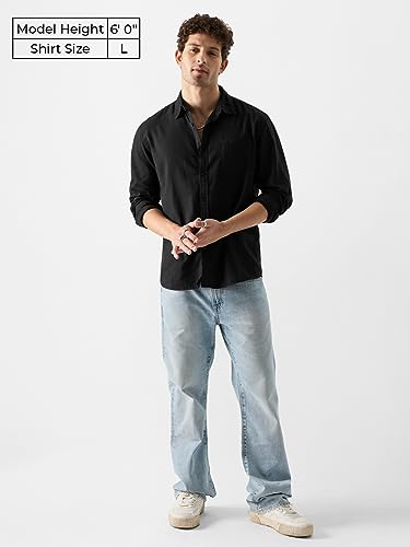 Image of The Souled Store Original Solids: Black Men Cotton Linen Shirts