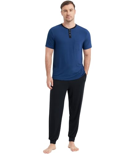 NACHILA Men's Pajamas Set-Viscose Made from Bamboo, Short Sleeve Pjs Top with Loose Pants Pajama Sets Soft V Neck Sleepwear