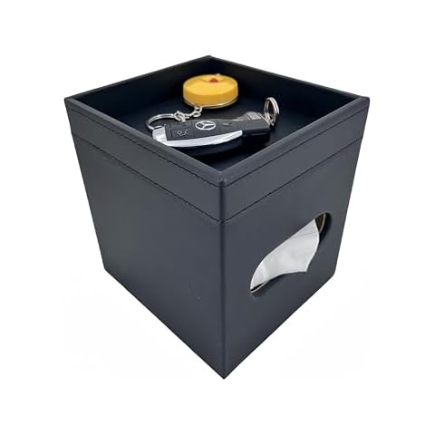 Square Tissue Box Cover,PU Leather Tissue Holder with Storage Valet Tray,Nightstand Tissues Case,Facial Tissue Box Holder for Bathroom,Bedroom,Livingroom and Office Table etc (Black Lychee) Cover