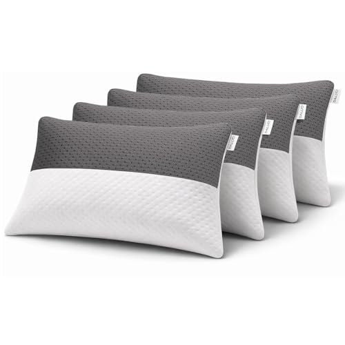Image of DALUCI Hollow Fiber Sleeping Pillow Set of 4 | Adjustable Height | Soft & Fluffy Bed Pillows for Sleeping | White & Grey | 27 x 16 Inches