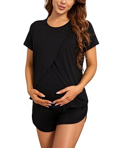 Image of Zexxxy Women's Mternity Pjs for Women Breastfeeding Nursing Loungewear Double Layer Short Sleeve Top & Pant Pregnancy Pjs Set,Black