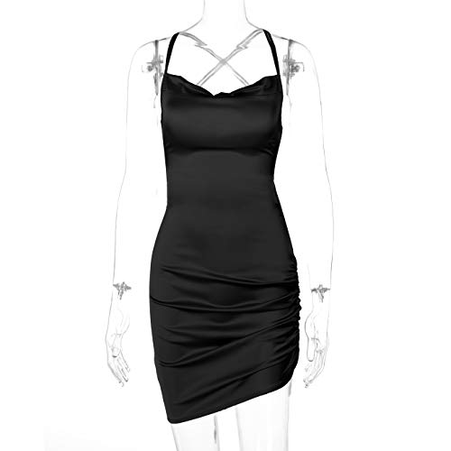 Image of JUMISEE Women Satin Ruched Lace Up Bodycon Mini Dress Sexy Backless Spaghetti Strap Party Dress for Cocktail Clubwear
