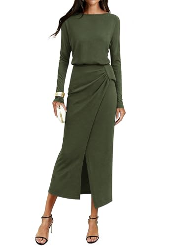 KIRUNDO Long Sleeve Dress for Women 2026 Fall Boat Neck Wrap Ruched Slit Knit Spring Cocktail Wedding Guest Maxi Dresses(Army Green, Small)