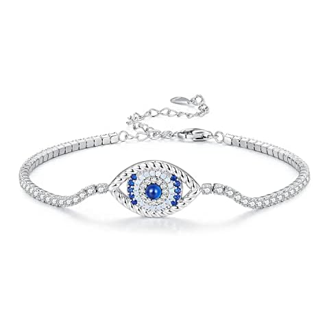 WOSTU Evil Eyes Link Bracelet Authentic 925 Sterling Silver Ojo Bracelet Protection Turkish Eye Adjustable Simulated Diamond Chain Bracelet Jewelry for Women Cover