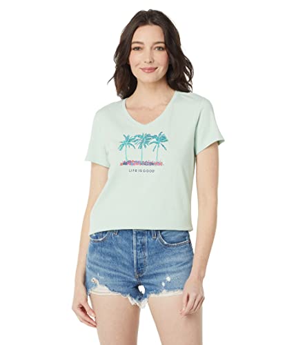 T-shirt femme col V imprimé palmier vert sauge taille S manches courtes