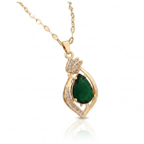 KuchhBhiKharido Gold-Plated Teardrop Pendant Necklace with Deep Green Gemstone and Crystal Accents