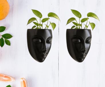 Image of Wall Mounted Face Planter Set, Black, Decorative Indoor Plant Holder, Modern Home Decor, 2 Pieces (Plastic)
