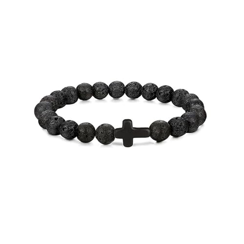 GAUEIOUR Black Natural Stone Cross Frosted Bracelet,Mens Beaded Elastic Wrist Rope Stretch Relax Yoga Retro Christian Pray Baptism Presents Jewellery
