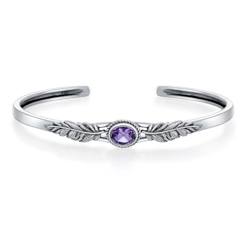 Amethyst Feather Cuff Bracelet Sterling Silver Adjustable Vintage Bangle, Bohemian Jewelry February Birthstone Gift for Her