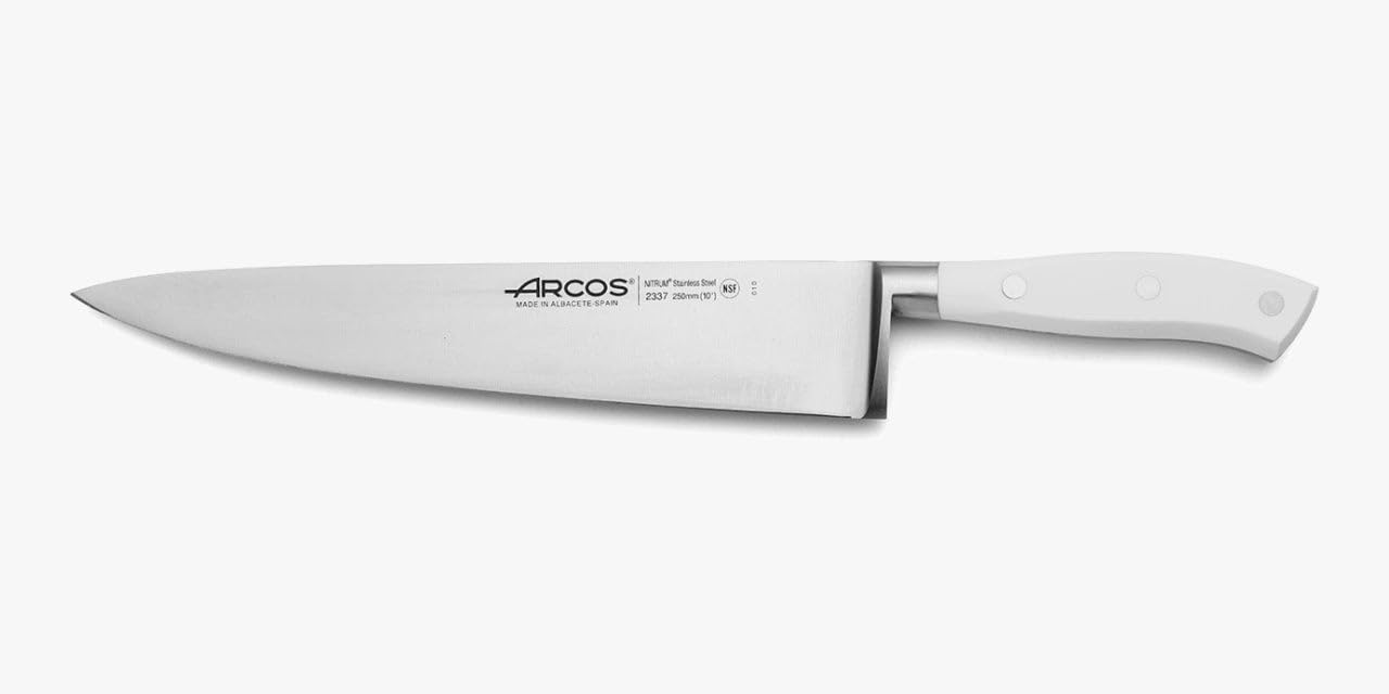 Arcos Forged Chef Knife 10 Inch Stainless Steel. Professional Cooking Knife For Cutting Variety of Foods. Ergonomic Polyoxymethylene Handle and 250mm Blade. Series Riviera Blanc. Color White
