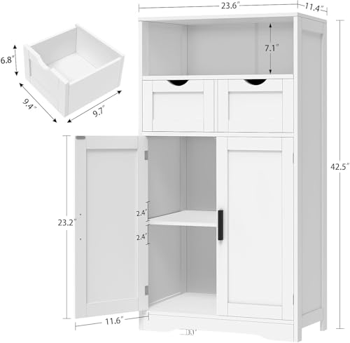 Iwell Bathroom Cabinet with Doors and Drawers, Freestanding Bathroom Storage Cabinet, Adjustable Shelves, for Living Room, Kitchen, Home Office, White