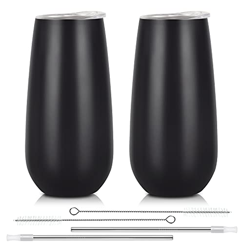 Lifecapido Confezione da 2 bicchieri da champagne senza stelo, 170 ml, bicchieri isolati per champagne a doppio isolamento, bicchieri da champagne infrangibili per amici compleanno, Natale (nero)