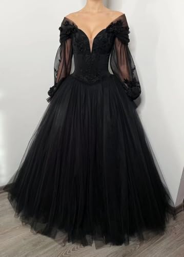 Mouccy Gothic Black Wedding Dresses for Bride Long Sleeve Bridal Gowns with Train V Neck Lace Wedding Gowns for Women3