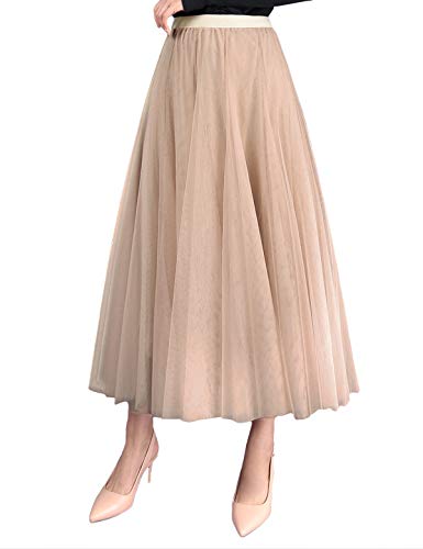 FEOYA Wedding Dresses Womens Skirts Evening Prom Long Tulle Skirt High Elastic Waist Midi Skirt Nude Long Dresses