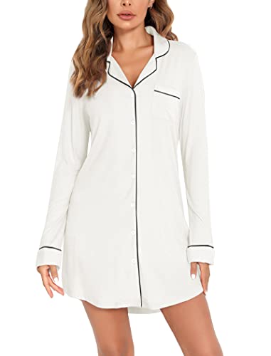 Image of Samring Nightgown for Women Long Sleeve Button Down Night Gown Boyfriend Nightdress Sleep Shirts