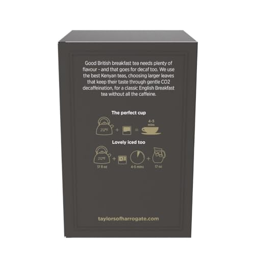 Image of Taylors of Harrogate Decaffeinated Breakfast, Black Tea, Pillow Bags, 50 Count, (Pack of 1) Rich, Bright & Balanced, Decaffeinated, Enjoy Hot or Iced, 50 Teabags