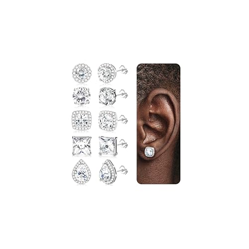 JeryWe 5 Pairs 316L Surgical Steel Cubic Zirconia Stud Earrings for Women Men Hypoallergenic CZ Earring Stacks Brilliant Simulated Diamond Square Round Teardrop Halo Earrings for Women Trendy